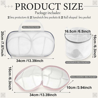 6 Pack Bra Washing Bags for Laundry 3 Styles Mesh Bra Wash Bags Zippered Lingerie Wash Protector for A–d Cup, Anti Deformation, Delicates Cleaning and Drying & Travel Organizer