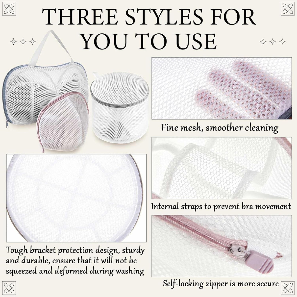 6 Pack Bra Washing Bags for Laundry 3 Styles Mesh Bra Wash Bags Zippered Lingerie Wash Protector for A–d Cup, Anti Deformation, Delicates Cleaning and Drying & Travel Organizer