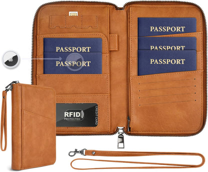 Family Passport Holder Wallet RFID Travel Document Organizer for Women Men, Portable Case Cover for Cards, Boarding Pass with Wrist & Neck Double Strap, Travel Christmas Gifts (Charcoal Green, 1pack)