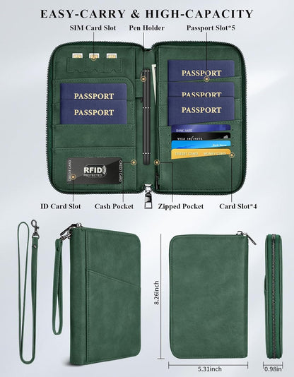Family Passport Holder Wallet RFID Travel Document Organizer for Women Men, Portable Case Cover for Cards, Boarding Pass with Wrist & Neck Double Strap, Travel Christmas Gifts (Charcoal Green, 1pack)