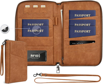 Family Passport Holder Wallet RFID Travel Document Organizer for Women Men, Portable Case Cover for Cards, Boarding Pass with Wrist & Neck Double Strap, Travel Christmas Gifts (Charcoal Green, 1pack)