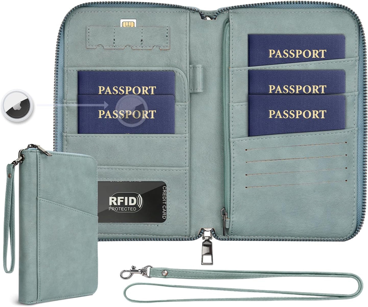 Family Passport Holder Wallet RFID Travel Document Organizer for Women Men, Portable Case Cover for Cards, Boarding Pass with Wrist & Neck Double Strap, Travel Christmas Gifts (Charcoal Green, 1pack)