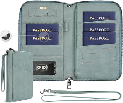Family Passport Holder Wallet RFID Travel Document Organizer for Women Men, Portable Case Cover for Cards, Boarding Pass with Wrist & Neck Double Strap, Travel Christmas Gifts (Charcoal Green, 1pack)