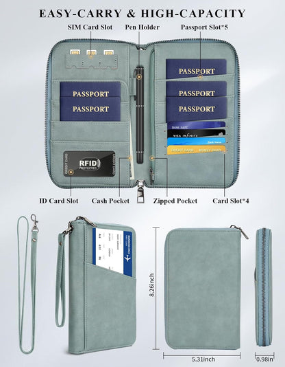 Family Passport Holder Wallet RFID Travel Document Organizer for Women Men, Portable Case Cover for Cards, Boarding Pass with Wrist & Neck Double Strap, Travel Christmas Gifts (Charcoal Green, 1pack)