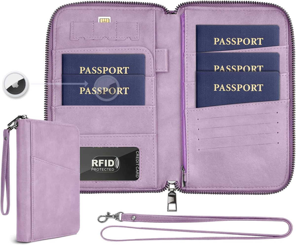 Family Passport Holder Wallet RFID Travel Document Organizer for Women Men, Portable Case Cover for Cards, Boarding Pass with Wrist & Neck Double Strap, Travel Christmas Gifts (Charcoal Green, 1pack)