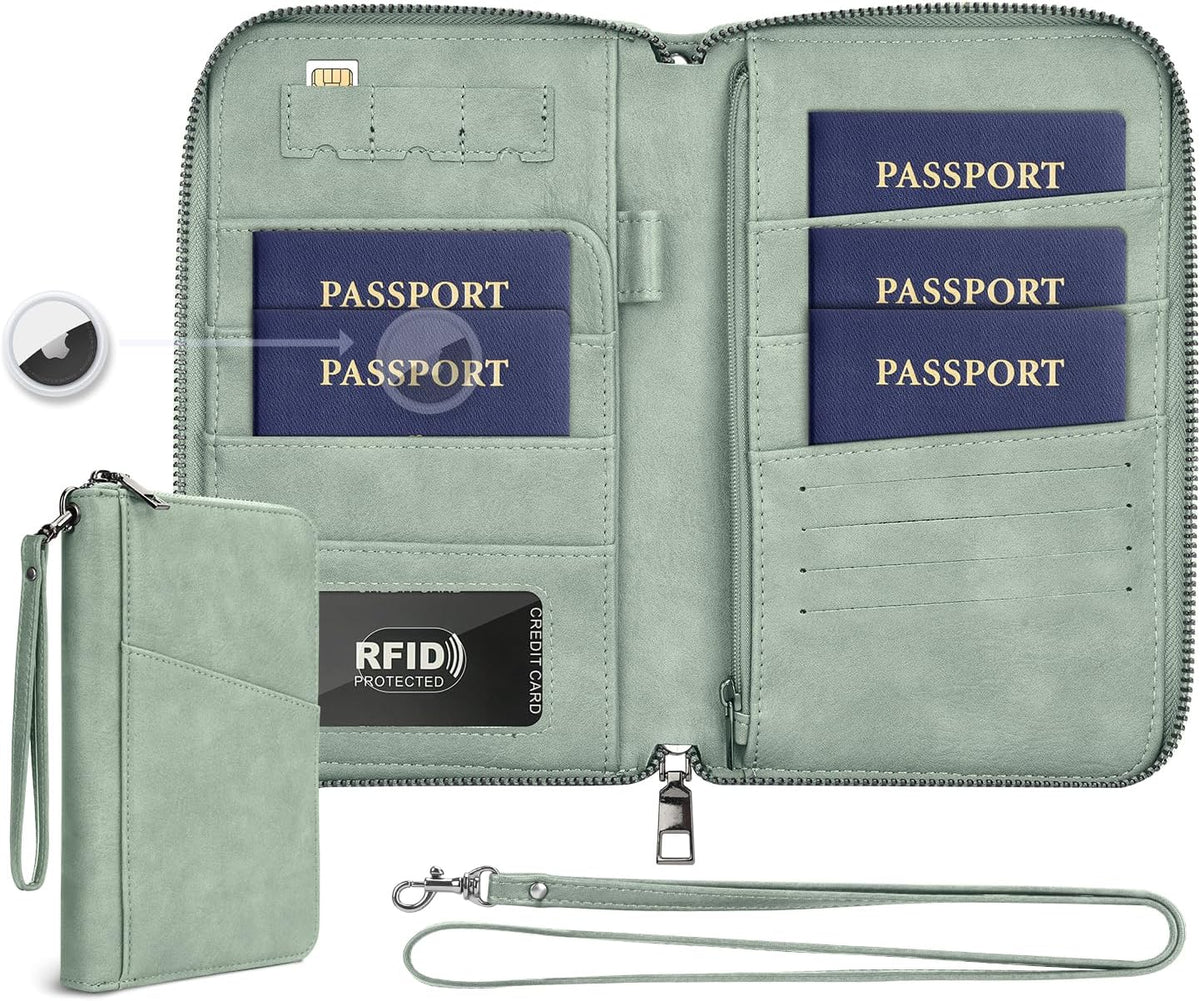 Family Passport Holder Wallet RFID Travel Document Organizer for Women Men, Portable Case Cover for Cards, Boarding Pass with Wrist & Neck Double Strap, Travel Christmas Gifts (Charcoal Green, 1pack)