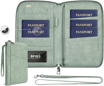 Family Passport Holder Wallet RFID Travel Document Organizer for Women Men, Portable Case Cover for Cards, Boarding Pass with Wrist & Neck Double Strap, Travel Christmas Gifts (Charcoal Green, 1pack)