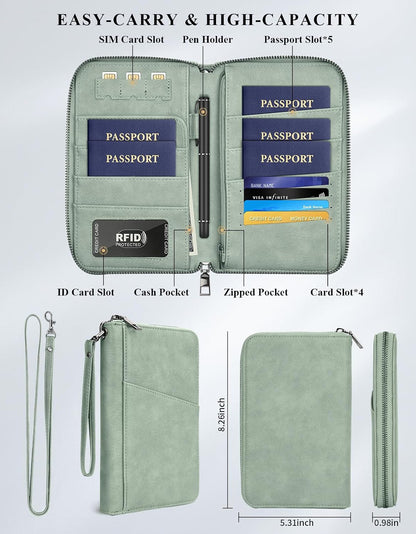 Family Passport Holder Wallet RFID Travel Document Organizer for Women Men, Portable Case Cover for Cards, Boarding Pass with Wrist & Neck Double Strap, Travel Christmas Gifts (Charcoal Green, 1pack)