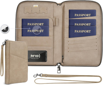 Family Passport Holder Wallet RFID Travel Document Organizer for Women Men, Portable Case Cover for Cards, Boarding Pass with Wrist & Neck Double Strap, Travel Christmas Gifts (Charcoal Green, 1pack)