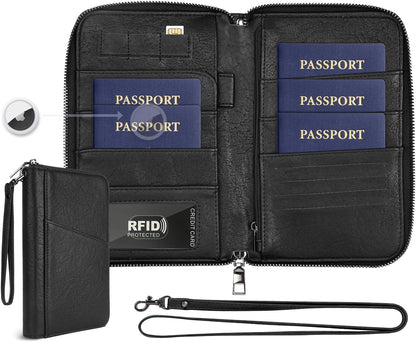 Family Passport Holder Wallet RFID Travel Document Organizer for Women Men, Portable Case Cover for Cards, Boarding Pass with Wrist & Neck Double Strap, Travel Christmas Gifts (Charcoal Green, 1pack)