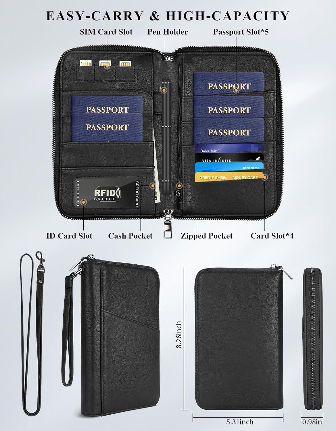 Family Passport Holder Wallet RFID Travel Document Organizer for Women Men, Portable Case Cover for Cards, Boarding Pass with Wrist & Neck Double Strap, Travel Christmas Gifts (Charcoal Green, 1pack)