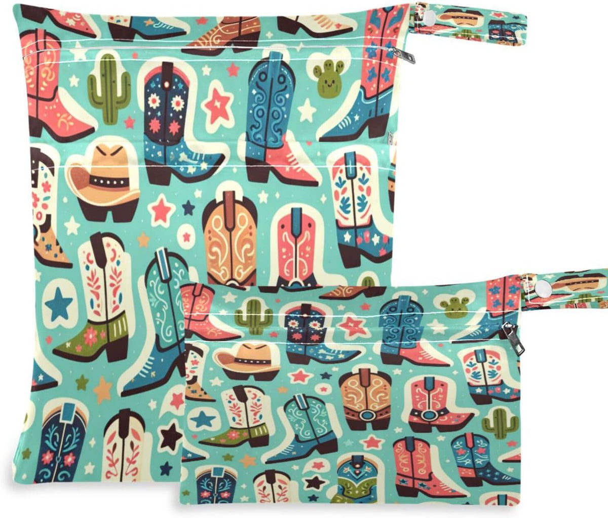Cute Boots Cowboy Wet Dry Bags, Reusable Waterproof Wet Bags, 2Pcs Travel Beach Pool Bag with Zippered Pockets for Swimsuit, Cloth Diaper, Toiletries & Makeup