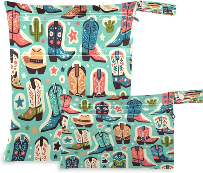 Cute Boots Cowboy Wet Dry Bags, Reusable Waterproof Wet Bags, 2Pcs Travel Beach Pool Bag with Zippered Pockets for Swimsuit, Cloth Diaper, Toiletries & Makeup