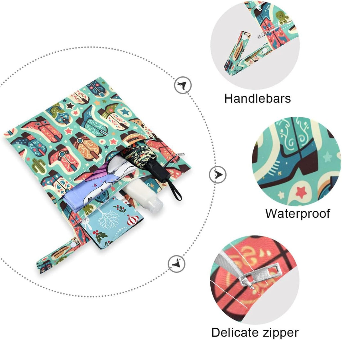 Cute Boots Cowboy Wet Dry Bags, Reusable Waterproof Wet Bags, 2Pcs Travel Beach Pool Bag with Zippered Pockets for Swimsuit, Cloth Diaper, Toiletries & Makeup