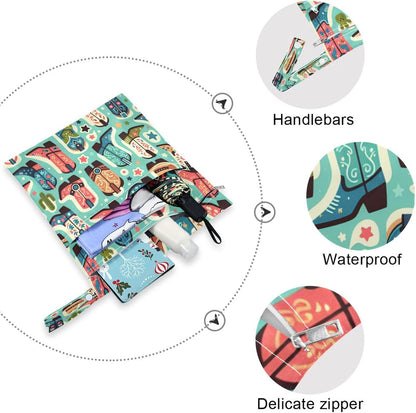 Cute Boots Cowboy Wet Dry Bags, Reusable Waterproof Wet Bags, 2Pcs Travel Beach Pool Bag with Zippered Pockets for Swimsuit, Cloth Diaper, Toiletries & Makeup