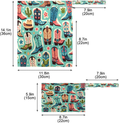 Cute Boots Cowboy Wet Dry Bags, Reusable Waterproof Wet Bags, 2Pcs Travel Beach Pool Bag with Zippered Pockets for Swimsuit, Cloth Diaper, Toiletries & Makeup