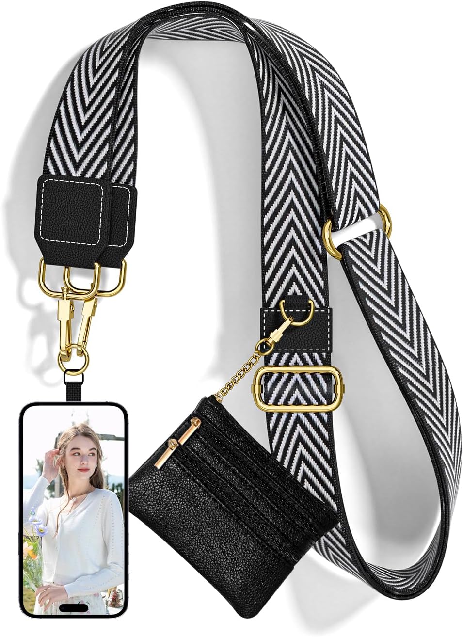 Crossbody Phone Strap with Wallet, Clip and Go Strap for Phone with Wallet, Adjustable Crossbody Cell Belt with Zippered Pouch, Neck Shoulder Cell Lanyard for Women, Black Great Wall