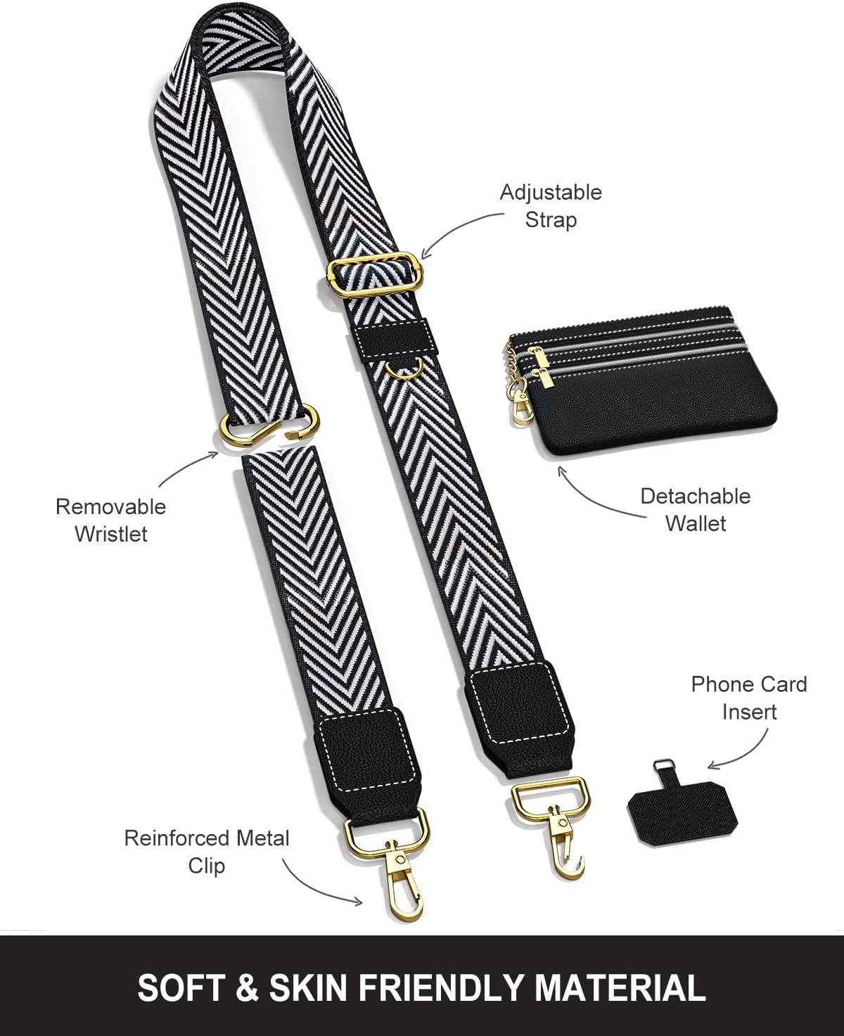 Crossbody Phone Strap with Wallet, Clip and Go Strap for Phone with Wallet, Adjustable Crossbody Cell Belt with Zippered Pouch, Neck Shoulder Cell Lanyard for Women, Black Great Wall