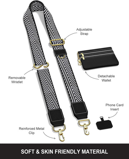 Crossbody Phone Strap with Wallet, Clip and Go Strap for Phone with Wallet, Adjustable Crossbody Cell Belt with Zippered Pouch, Neck Shoulder Cell Lanyard for Women, Black Great Wall