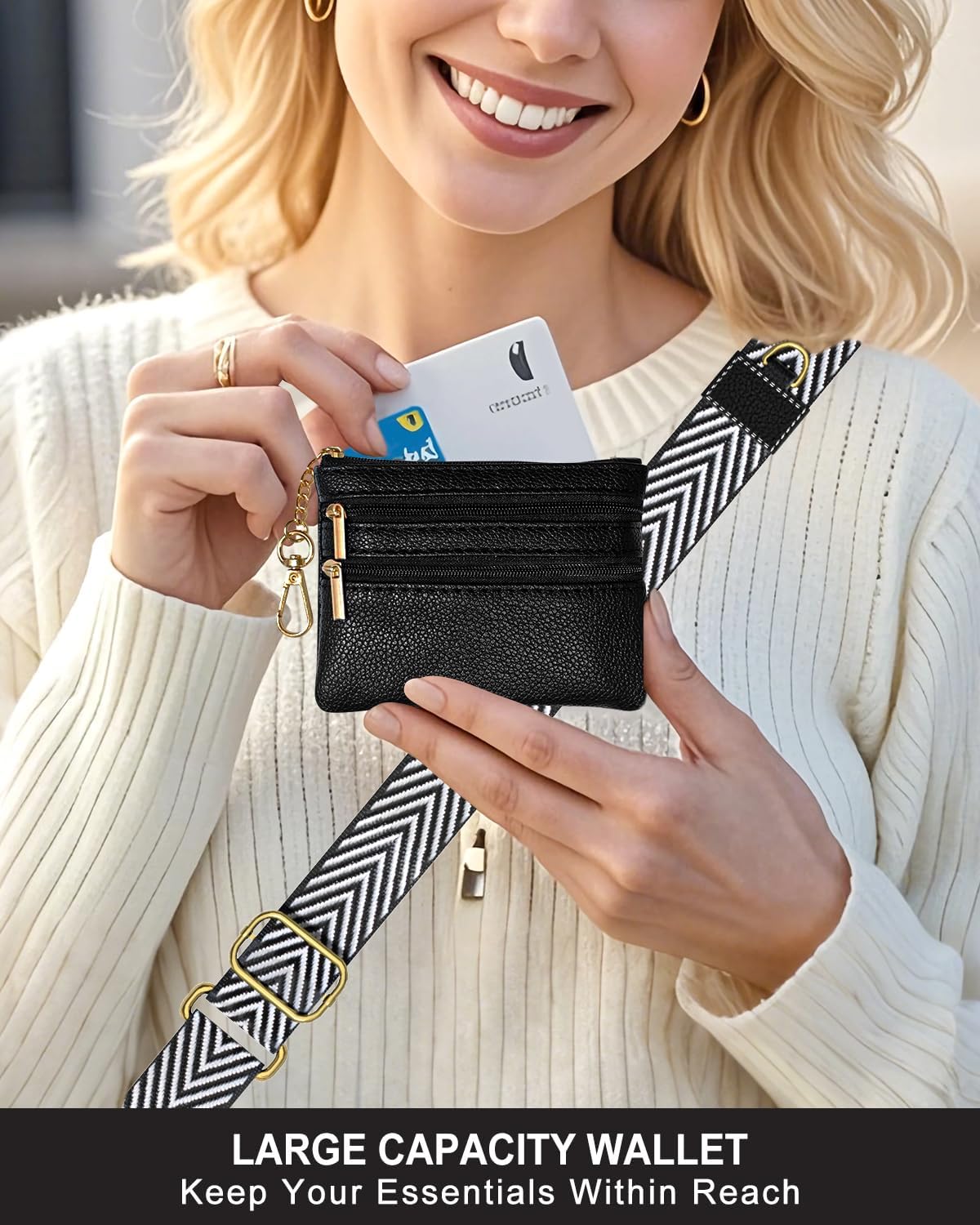 Crossbody Phone Strap with Wallet, Clip and Go Strap for Phone with Wallet, Adjustable Crossbody Cell Belt with Zippered Pouch, Neck Shoulder Cell Lanyard for Women, Black Great Wall