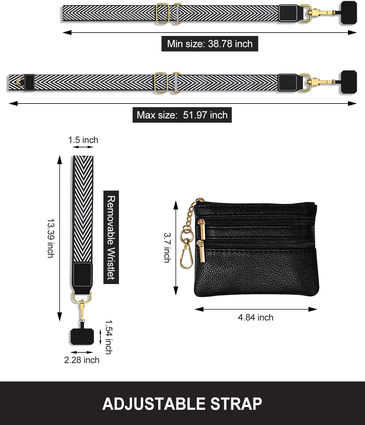 Crossbody Phone Strap with Wallet, Clip and Go Strap for Phone with Wallet, Adjustable Crossbody Cell Belt with Zippered Pouch, Neck Shoulder Cell Lanyard for Women, Black Great Wall