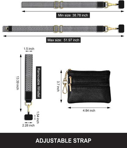 Crossbody Phone Strap with Wallet, Clip and Go Strap for Phone with Wallet, Adjustable Crossbody Cell Belt with Zippered Pouch, Neck Shoulder Cell Lanyard for Women, Black Great Wall