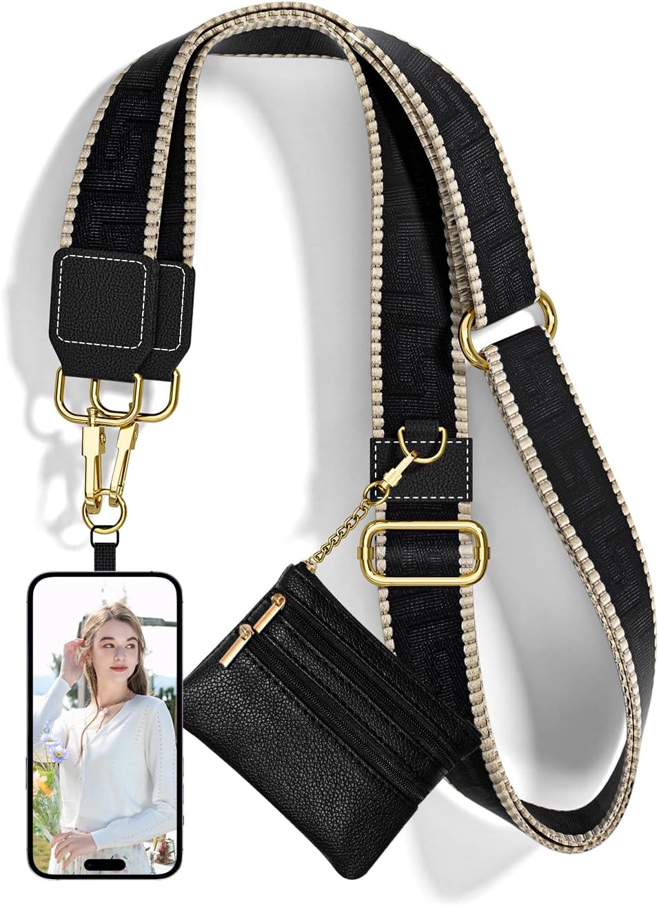 Crossbody Phone Strap with Wallet, Clip and Go Strap for Phone with Wallet, Adjustable Crossbody Cell Belt with Zippered Pouch, Neck Shoulder Cell Lanyard for Women, Black Great Wall