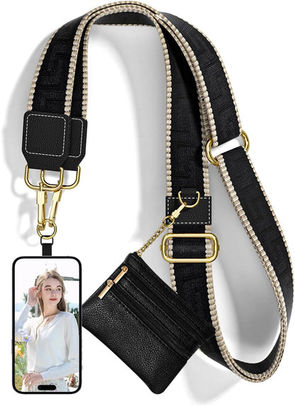 Crossbody Phone Strap with Wallet, Clip and Go Strap for Phone with Wallet, Adjustable Crossbody Cell Belt with Zippered Pouch, Neck Shoulder Cell Lanyard for Women, Black Great Wall