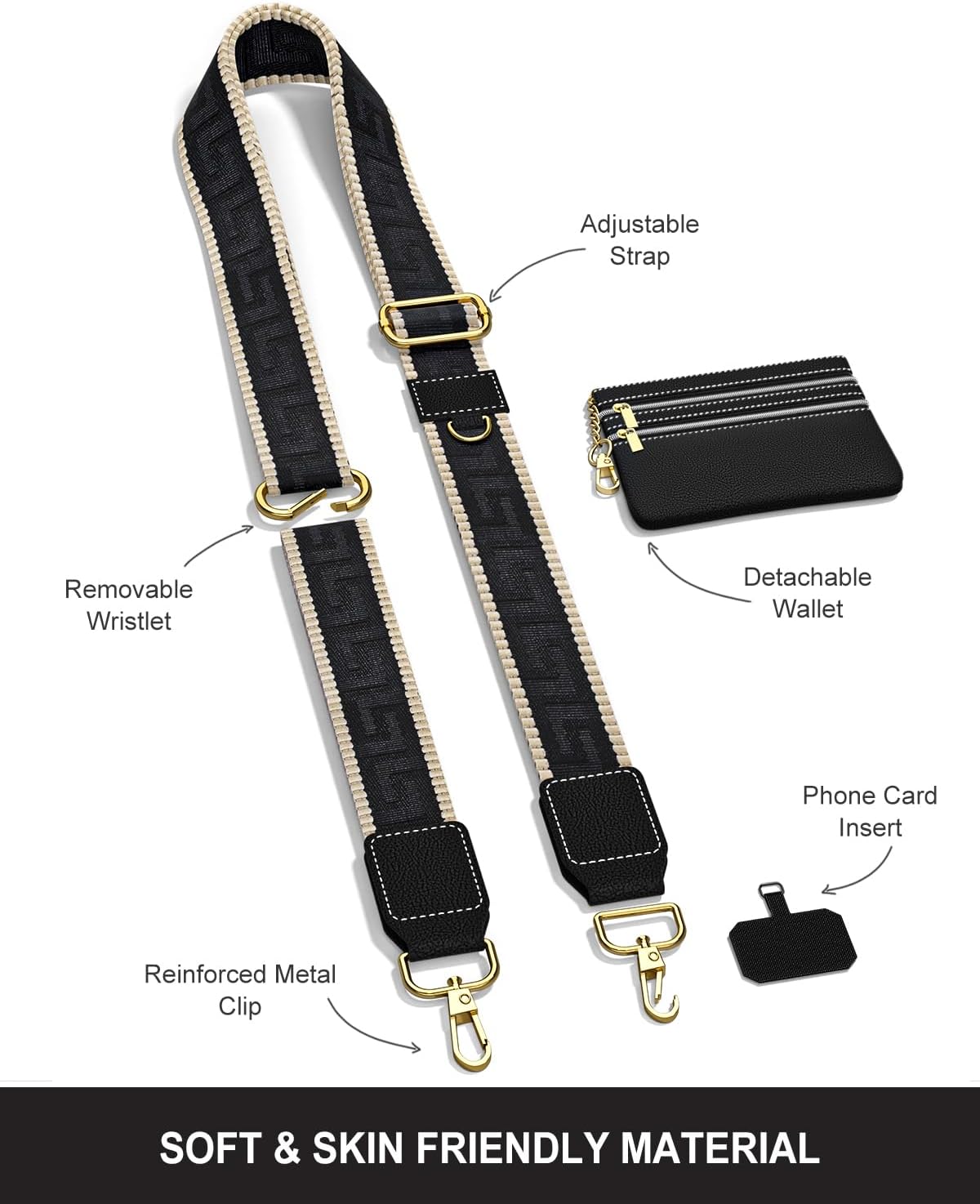 Crossbody Phone Strap with Wallet, Clip and Go Strap for Phone with Wallet, Adjustable Crossbody Cell Belt with Zippered Pouch, Neck Shoulder Cell Lanyard for Women, Black Great Wall
