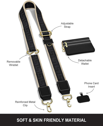 Crossbody Phone Strap with Wallet, Clip and Go Strap for Phone with Wallet, Adjustable Crossbody Cell Belt with Zippered Pouch, Neck Shoulder Cell Lanyard for Women, Black Great Wall