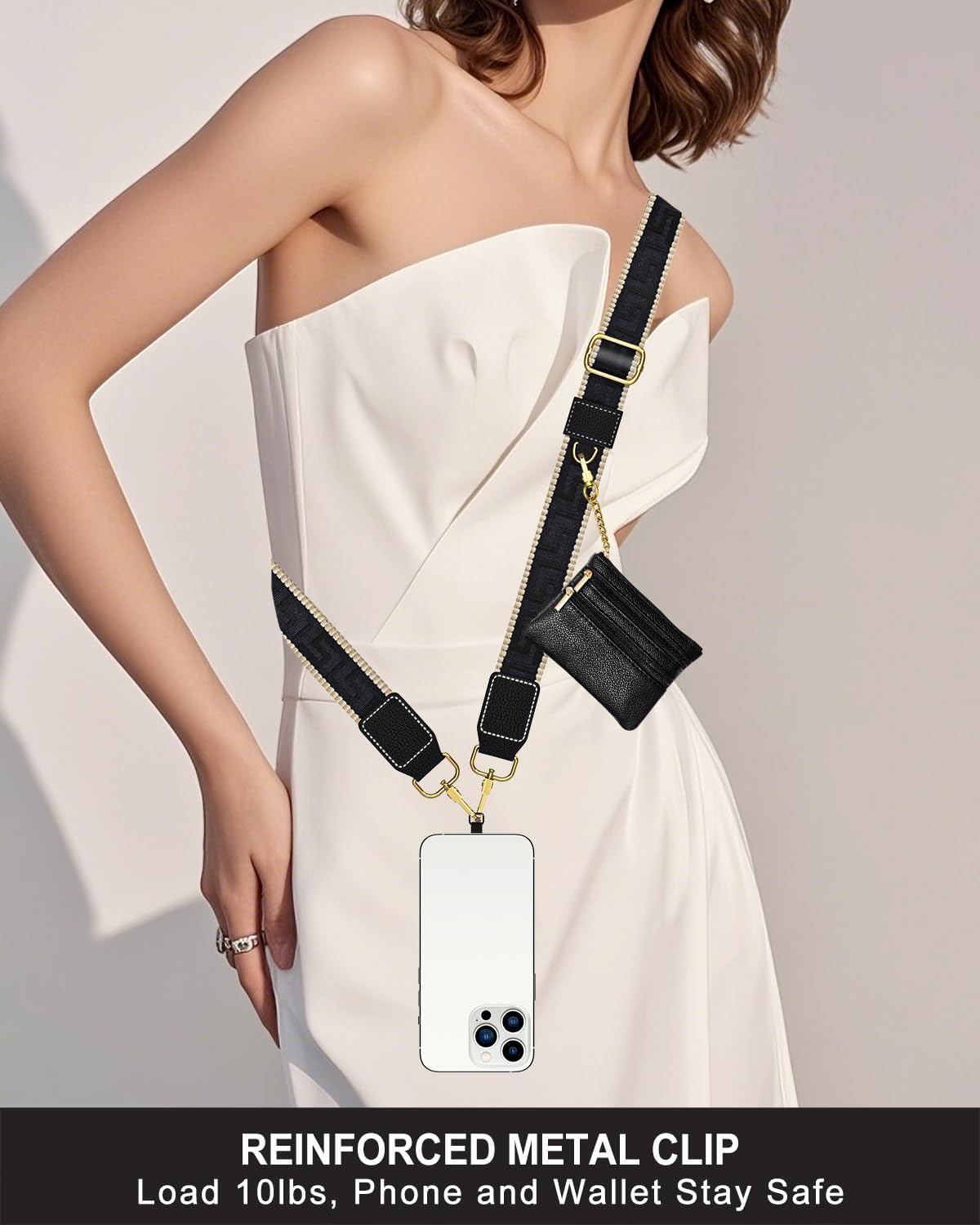 Crossbody Phone Strap with Wallet, Clip and Go Strap for Phone with Wallet, Adjustable Crossbody Cell Belt with Zippered Pouch, Neck Shoulder Cell Lanyard for Women, Black Great Wall