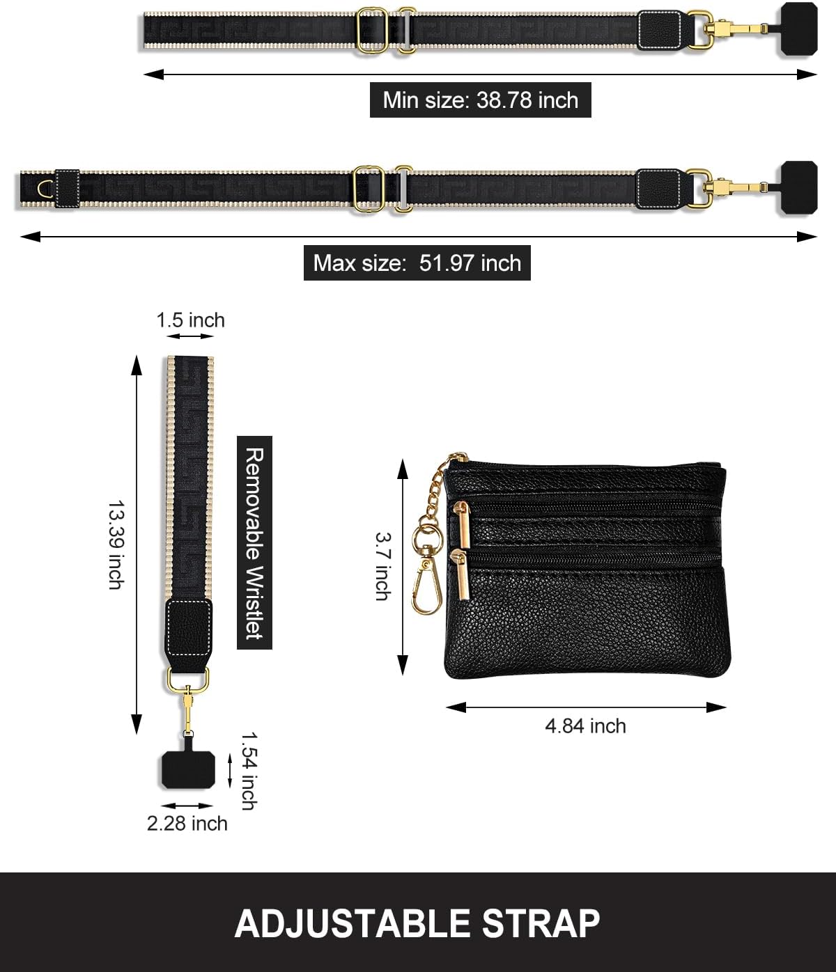 Crossbody Phone Strap with Wallet, Clip and Go Strap for Phone with Wallet, Adjustable Crossbody Cell Belt with Zippered Pouch, Neck Shoulder Cell Lanyard for Women, Black Great Wall