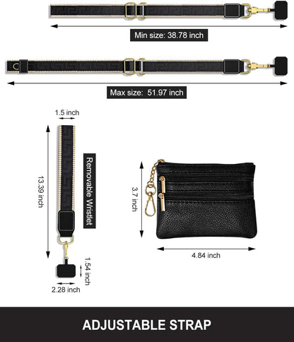 Crossbody Phone Strap with Wallet, Clip and Go Strap for Phone with Wallet, Adjustable Crossbody Cell Belt with Zippered Pouch, Neck Shoulder Cell Lanyard for Women, Black Great Wall