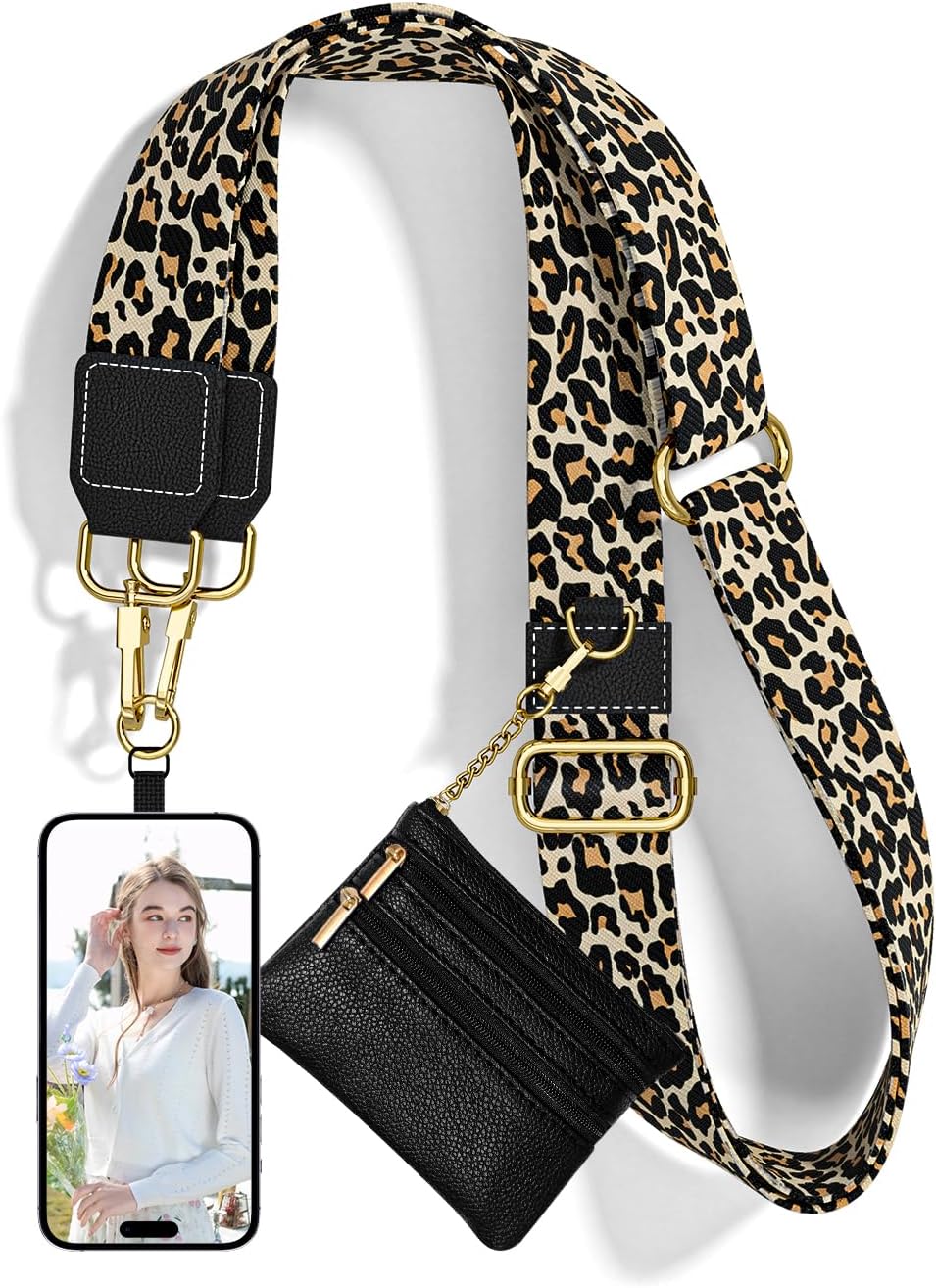 Crossbody Phone Strap with Wallet, Clip and Go Strap for Phone with Wallet, Adjustable Crossbody Cell Belt with Zippered Pouch, Neck Shoulder Cell Lanyard for Women, Black Great Wall