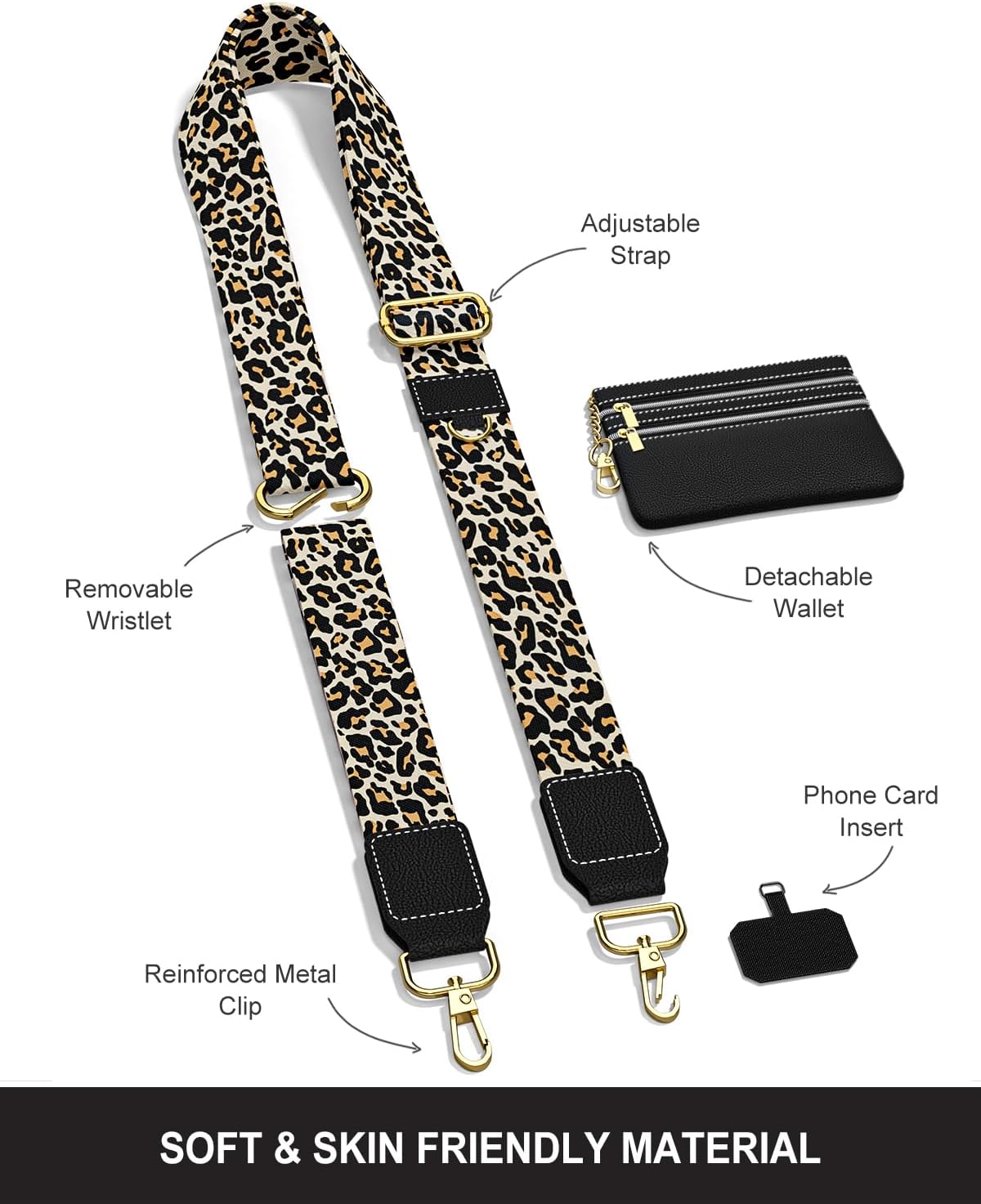 Crossbody Phone Strap with Wallet, Clip and Go Strap for Phone with Wallet, Adjustable Crossbody Cell Belt with Zippered Pouch, Neck Shoulder Cell Lanyard for Women, Black Great Wall