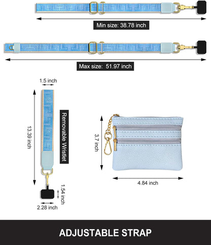 Crossbody Phone Strap with Wallet, Clip and Go Strap for Phone with Wallet, Adjustable Crossbody Cell Belt with Zippered Pouch, Neck Shoulder Cell Lanyard for Women, Black Great Wall