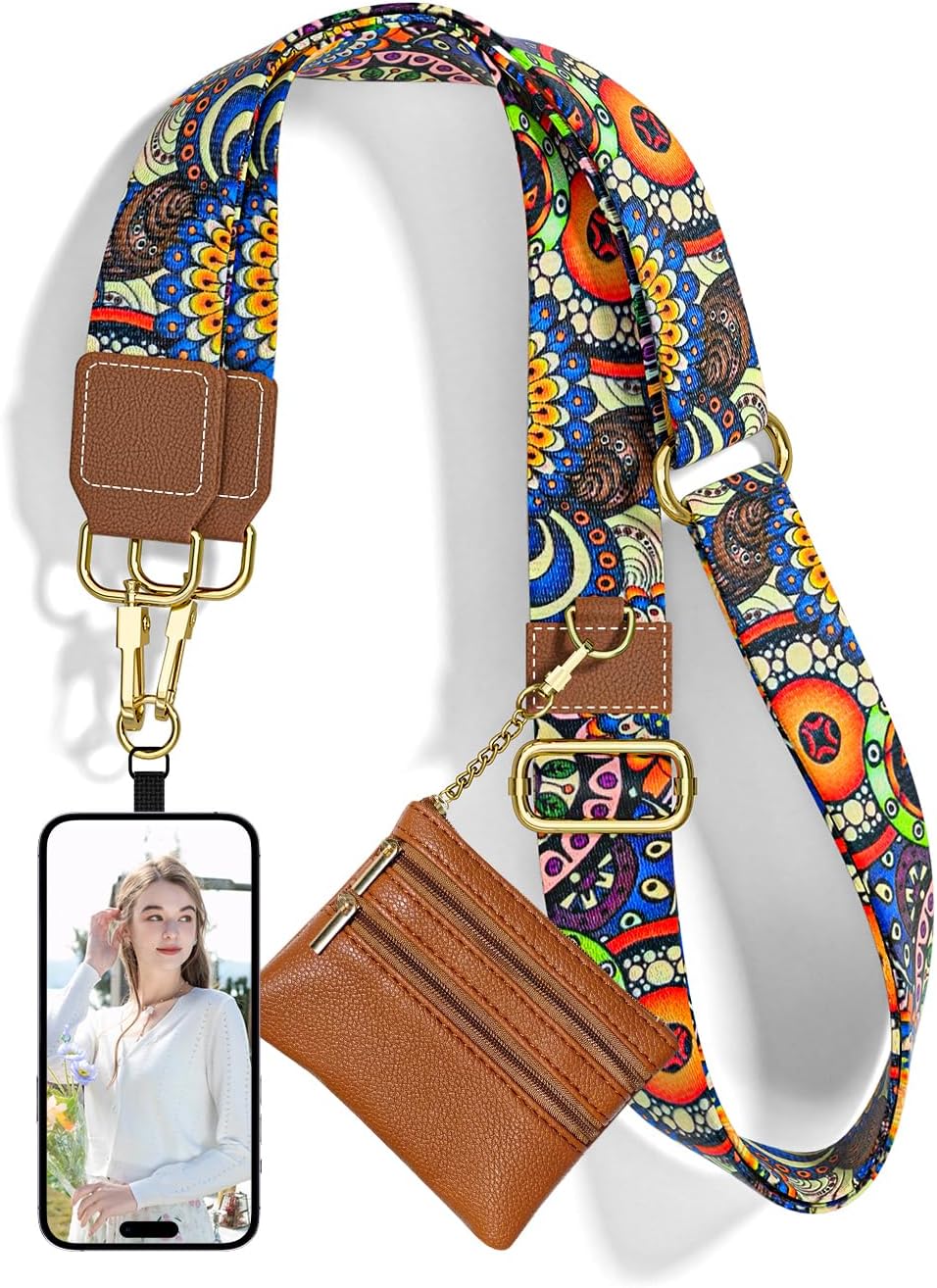 Crossbody Phone Strap with Wallet, Clip and Go Strap for Phone with Wallet, Adjustable Crossbody Cell Belt with Zippered Pouch, Neck Shoulder Cell Lanyard for Women, Black Great Wall