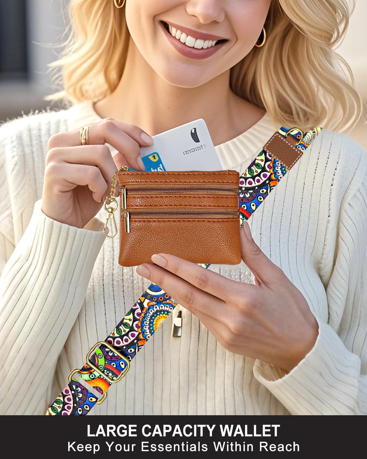 Crossbody Phone Strap with Wallet, Clip and Go Strap for Phone with Wallet, Adjustable Crossbody Cell Belt with Zippered Pouch, Neck Shoulder Cell Lanyard for Women, Black Great Wall