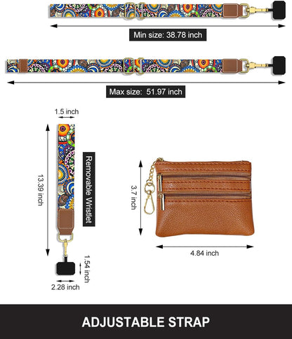 Crossbody Phone Strap with Wallet, Clip and Go Strap for Phone with Wallet, Adjustable Crossbody Cell Belt with Zippered Pouch, Neck Shoulder Cell Lanyard for Women, Black Great Wall