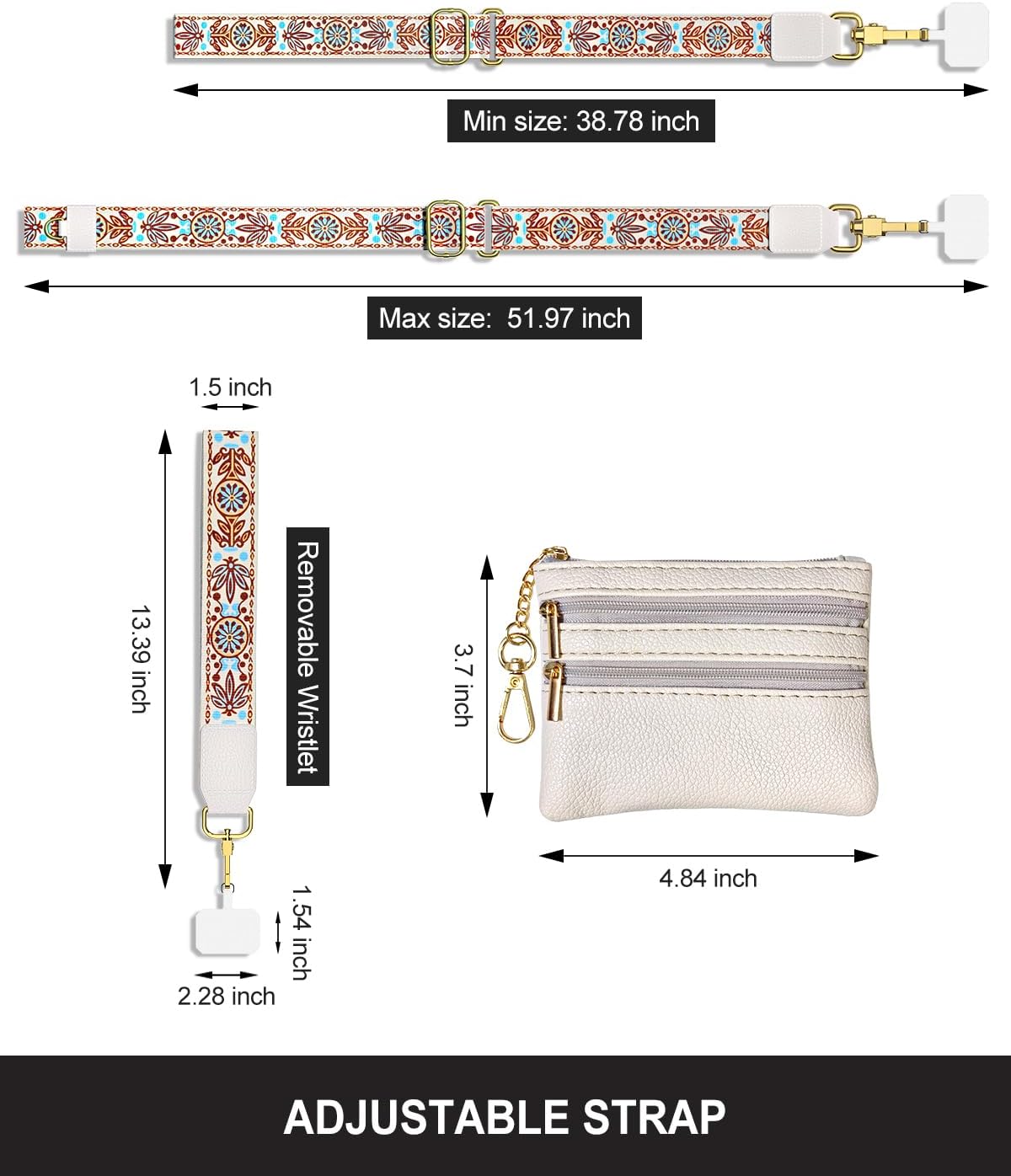 Crossbody Phone Strap with Wallet, Clip and Go Strap for Phone with Wallet, Adjustable Crossbody Cell Belt with Zippered Pouch, Neck Shoulder Cell Lanyard for Women, Black Great Wall