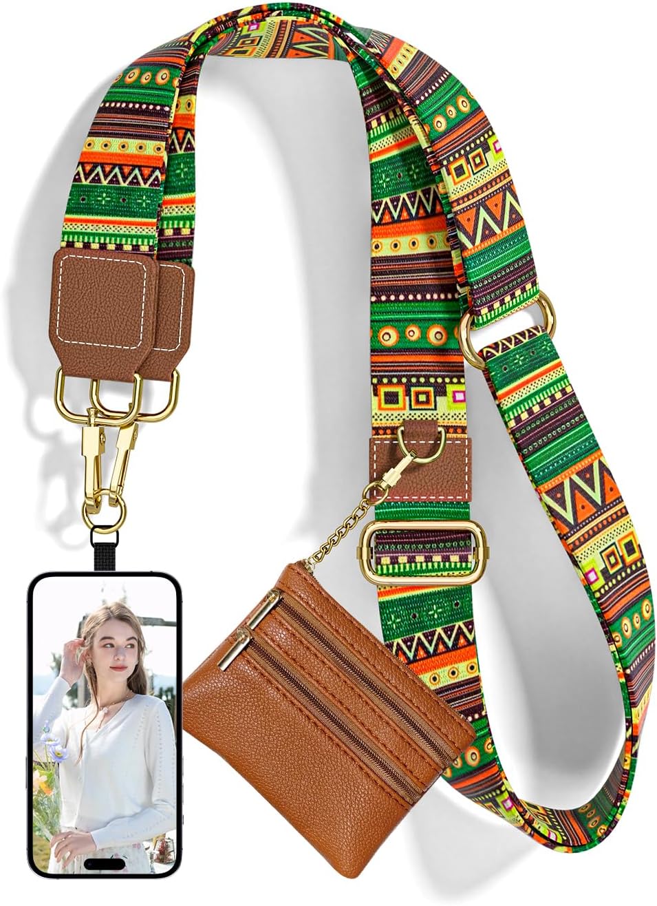 Crossbody Phone Strap with Wallet, Clip and Go Strap for Phone with Wallet, Adjustable Crossbody Cell Belt with Zippered Pouch, Neck Shoulder Cell Lanyard for Women, Black Great Wall