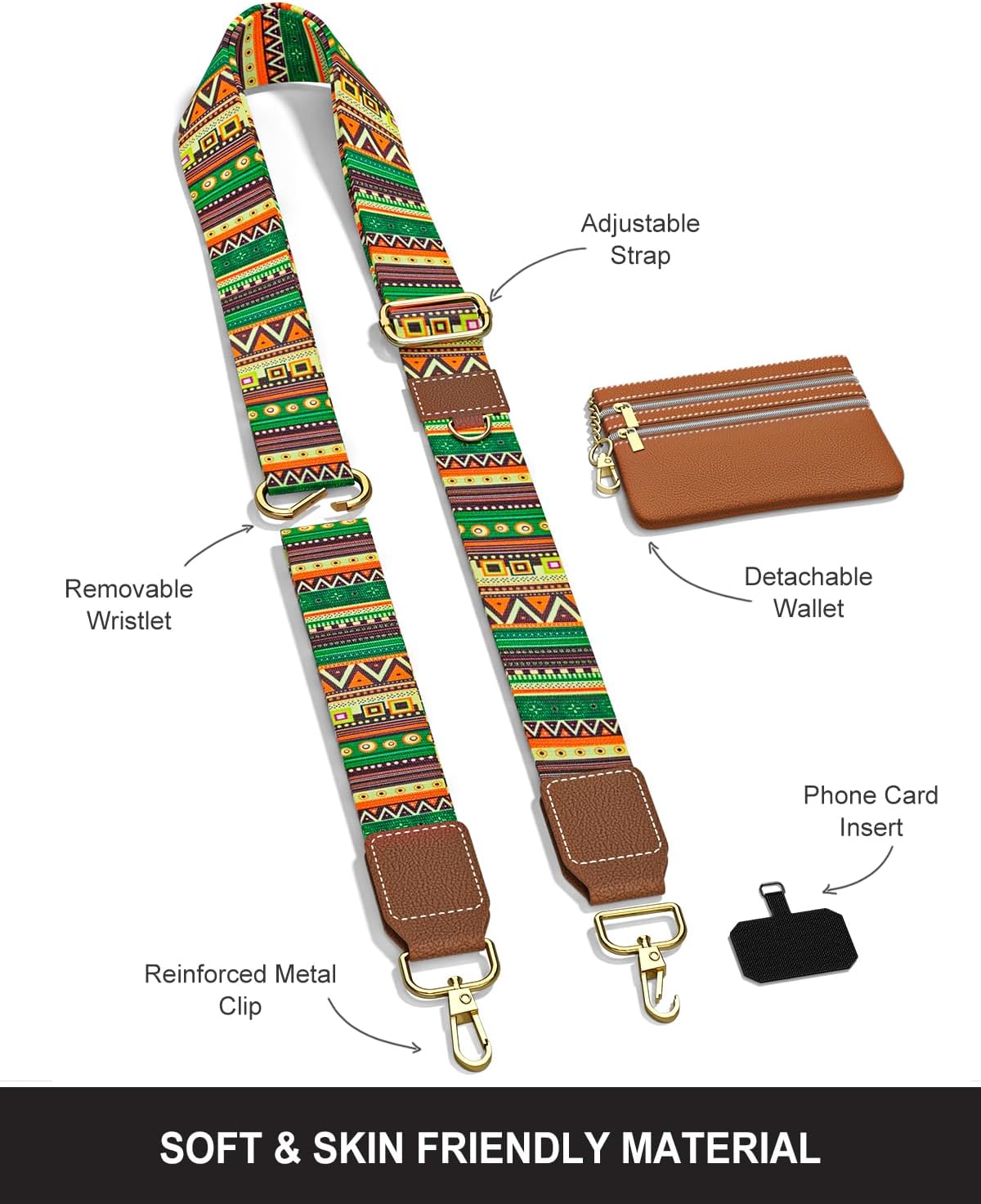 Crossbody Phone Strap with Wallet, Clip and Go Strap for Phone with Wallet, Adjustable Crossbody Cell Belt with Zippered Pouch, Neck Shoulder Cell Lanyard for Women, Black Great Wall