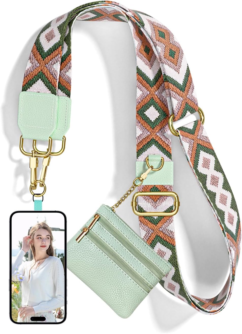 Crossbody Phone Strap with Wallet, Clip and Go Strap for Phone with Wallet, Adjustable Crossbody Cell Belt with Zippered Pouch, Neck Shoulder Cell Lanyard for Women, Black Great Wall