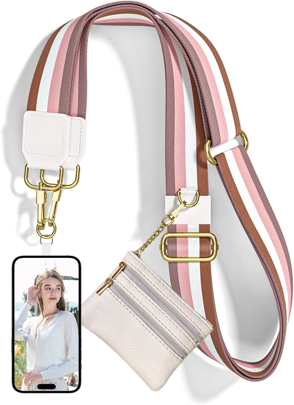 Crossbody Phone Strap with Wallet, Clip and Go Strap for Phone with Wallet, Adjustable Crossbody Cell Belt with Zippered Pouch, Neck Shoulder Cell Lanyard for Women, Black Great Wall
