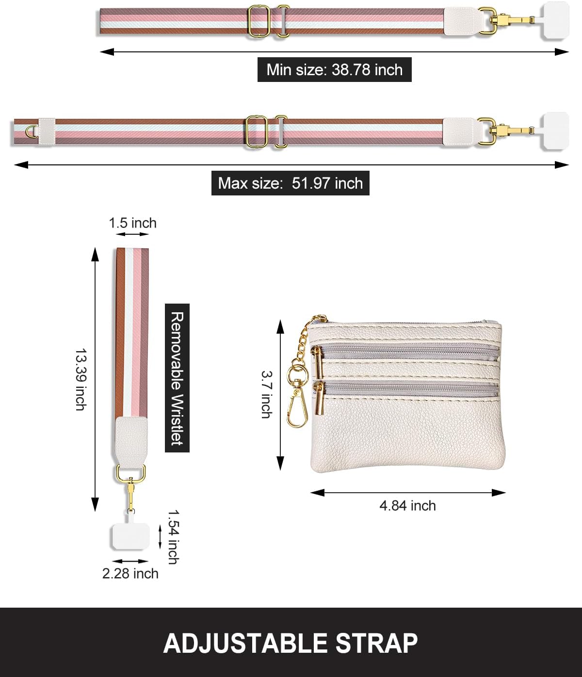 Crossbody Phone Strap with Wallet, Clip and Go Strap for Phone with Wallet, Adjustable Crossbody Cell Belt with Zippered Pouch, Neck Shoulder Cell Lanyard for Women, Black Great Wall