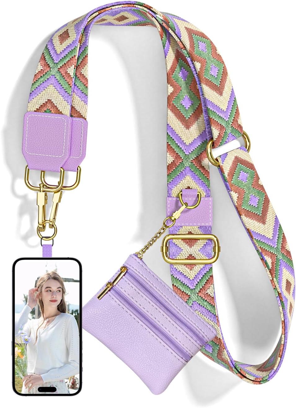 Crossbody Phone Strap with Wallet, Clip and Go Strap for Phone with Wallet, Adjustable Crossbody Cell Belt with Zippered Pouch, Neck Shoulder Cell Lanyard for Women, Black Great Wall