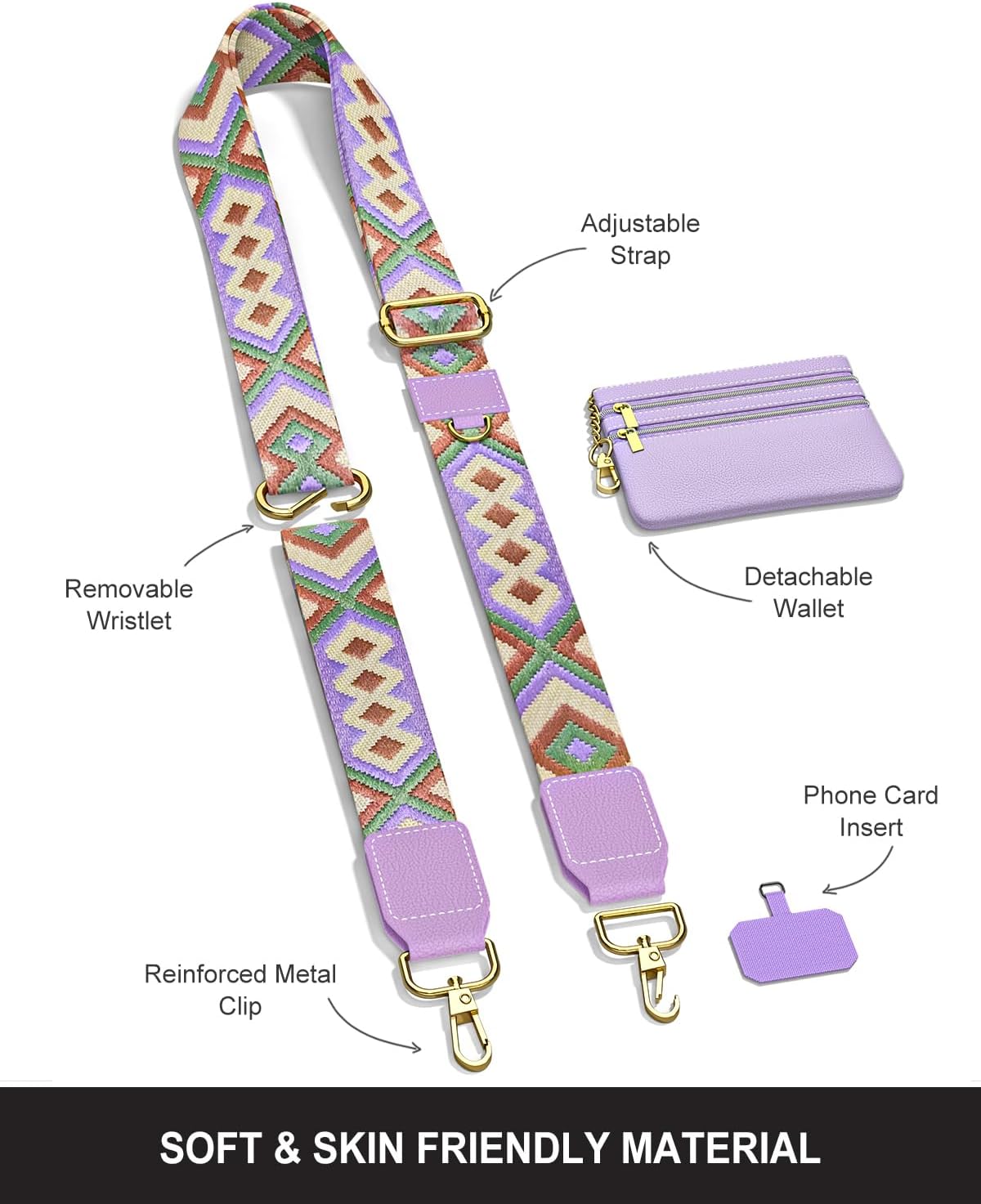 Crossbody Phone Strap with Wallet, Clip and Go Strap for Phone with Wallet, Adjustable Crossbody Cell Belt with Zippered Pouch, Neck Shoulder Cell Lanyard for Women, Black Great Wall