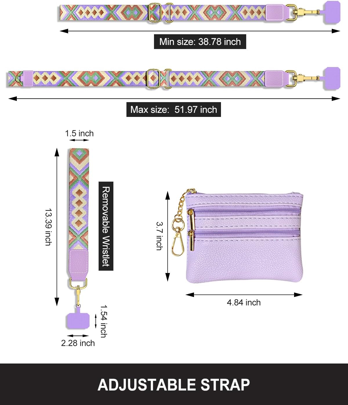 Crossbody Phone Strap with Wallet, Clip and Go Strap for Phone with Wallet, Adjustable Crossbody Cell Belt with Zippered Pouch, Neck Shoulder Cell Lanyard for Women, Black Great Wall