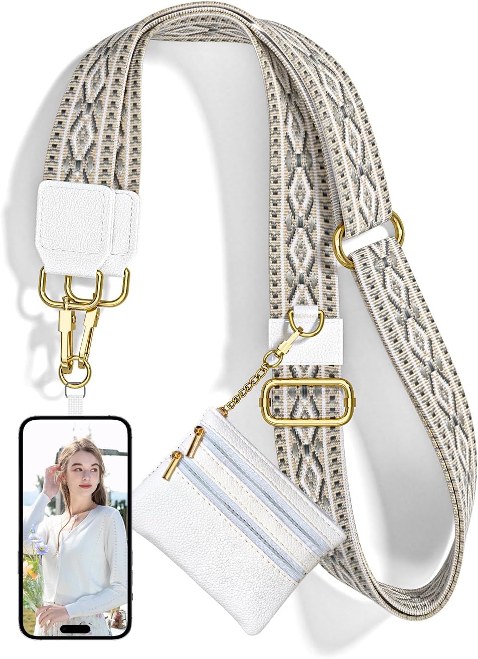 Crossbody Phone Strap with Wallet, Clip and Go Strap for Phone with Wallet, Adjustable Crossbody Cell Belt with Zippered Pouch, Neck Shoulder Cell Lanyard for Women, Black Great Wall