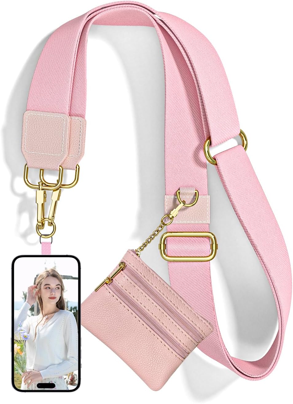 Crossbody Phone Strap with Wallet, Clip and Go Strap for Phone with Wallet, Adjustable Crossbody Cell Belt with Zippered Pouch, Neck Shoulder Cell Lanyard for Women, Black Great Wall